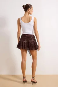TRENDYOLMiLLA Brown Asymmetric Kesim Shirred Super Mini Sequin Skirt - Image 4