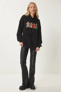 Happiness İstanbul Women's Black New Year Themed Hooded Shawl Knitted Sweatshirt - Image 2