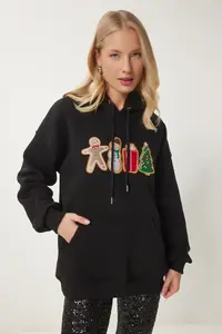 Happiness İstanbul Women's Black New Year Themed Hooded Shawl Knitted Sweatshirt - Image 3