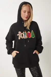 Happiness İstanbul Women's Black New Year Themed Hooded Shawl Knitted Sweatshirt - Image 4