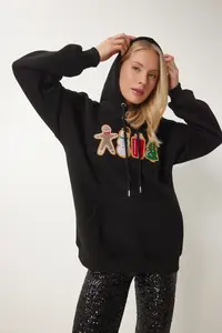 Happiness İstanbul Women's Black New Year Themed Hooded Shawl Knitted Sweatshirt - Image 5