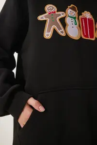 Happiness İstanbul Women's Black New Year Themed Hooded Shawl Knitted Sweatshirt - Image 7