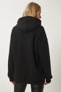Happiness İstanbul Women's Black New Year Themed Hooded Shawl Knitted Sweatshirt - Image 8