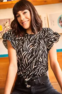 Olalook Women's Black Zebra Sleeve Ruffle Camisole T-Shirt