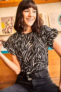 Olalook Women's Black Zebra Sleeve Ruffle Camisole T-Shirt - Image 2