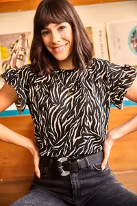 Olalook Women's Black Zebra Sleeve Ruffle Camisole T-Shirt - Image 3