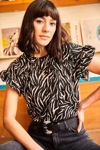Olalook Women's Black Zebra Sleeve Ruffle Camisole T-Shirt - Image 4