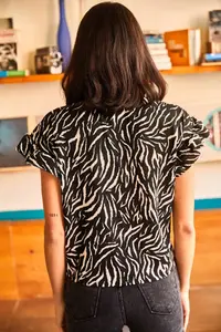 Olalook Women's Black Zebra Sleeve Ruffle Camisole T-Shirt - Image 5