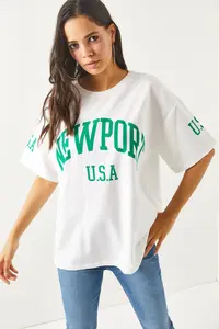 Olalook Women's Newport White Front Back Printed 2 thread Unisex Oversize T-Shirt - Image 2