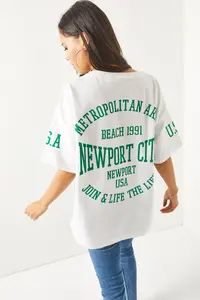 Olalook Women's Newport White Front Back Printed 2 thread Unisex Oversize T-Shirt - Image 4