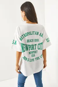 Olalook Women's Newport White Front Back Printed 2 thread Unisex Oversize T-Shirt - Image 5
