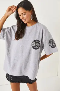 Olalook New York Gray Front Back Printed 2 thread Unisex Oversize T-Shirt - Image 2