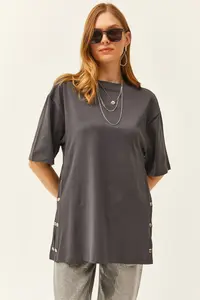 Olalook Women's Smoked Cotton T-Shirt with Buttons on the Sides