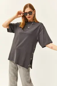 Olalook Women's Smoked Cotton T-Shirt with Buttons on the Sides - Image 2