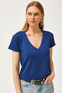 Olalook Women's Navy Blue Deep V-Neck Modal T-Shirt