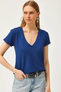 Olalook Women's Navy Blue Deep V-Neck Modal T-Shirt - Image 2