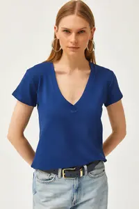 Olalook Women's Navy Blue Deep V-Neck Modal T-Shirt - Image 3