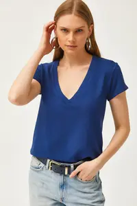 Olalook Women's Navy Blue Deep V-Neck Modal T-Shirt - Image 4