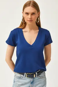Olalook Women's Navy Blue Deep V-Neck Modal T-Shirt - Image 5