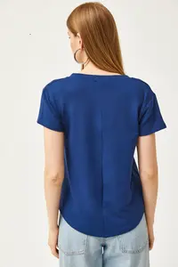Olalook Women's Navy Blue Deep V-Neck Modal T-Shirt - Image 6