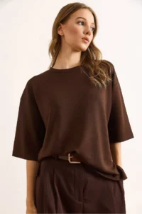 Olalook Women's Bitter Brown Modal Crew Neck Soft Textured Loose T-Shirt
