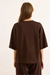 Olalook Women's Bitter Brown Modal Crew Neck Soft Textured Loose T-Shirt - Image 2