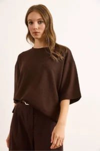 Olalook Women's Bitter Brown Modal Crew Neck Soft Textured Loose T-Shirt - Image 3