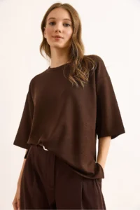 Olalook Women's Bitter Brown Modal Crew Neck Soft Textured Loose T-Shirt - Image 4