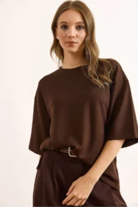 Olalook Women's Bitter Brown Modal Crew Neck Soft Textured Loose T-Shirt - Image 5