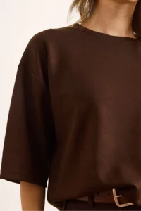 Olalook Women's Bitter Brown Modal Crew Neck Soft Textured Loose T-Shirt - Image 6