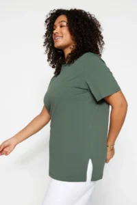 Trendyol Curve Dark MINT relaxed Crew Neck slit 100% Cotton Knitting T-Shirt