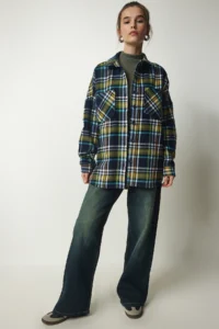 Happiness İstanbul Women's Navy Blue Green Patterned Oversize Cashmere Lumberjack Shirt