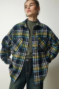 Happiness İstanbul Women's Navy Blue Green Patterned Oversize Cashmere Lumberjack Shirt - Image 2