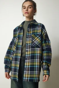 Happiness İstanbul Women's Navy Blue Green Patterned Oversize Cashmere Lumberjack Shirt - Image 3