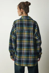 Happiness İstanbul Women's Navy Blue Green Patterned Oversize Cashmere Lumberjack Shirt - Image 5