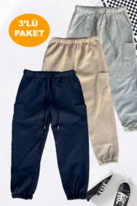 twins tailors Pack of 3 Unisex Navy Blue-Grey-Beige Children's Sweatpants with Fleece Inside and Elastic Legs