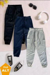 twins tailors Pack of 3 Unisex Black-Grey-Navy Blue Children's Sweatpants with Fleece Inside and Elastic Legs