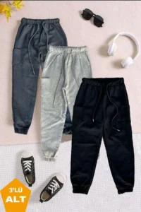 twins tailors Pack of 3 Unisex Anthracite-Black-Grey Children's Sweatpants with Fleece Inside and Elastic Legs