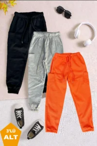 twins tailors Pack of 3 Unisex Orange-Black-Grey Children's Sweatpants with Fleece Inside and Elastic Legs