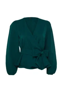 TRENDYOLMİLLA Emerald Green Double breasted Binding Detailed Weaving Blouse - Image 7