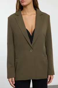 TRENDYOLMİLLA Dark Khaki Regular Lining Detailed Weaving Blazer Jacket - Image 3