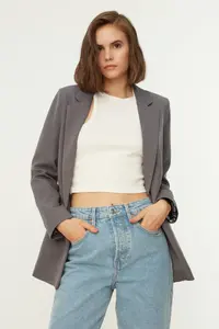 TRENDYOLMİLLA Gray Regular Lining Detailed Weaving Blazer Jacket - Image 6