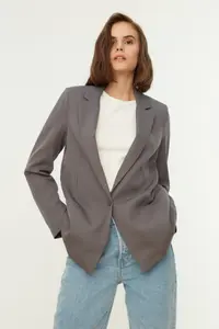 TRENDYOLMİLLA Gray Regular Lining Detailed Weaving Blazer Jacket - Image 8