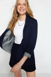 TRENDYOLMİLLA Navy Blue Regular Gray Geometric Patterned Lined Tek buttoned with pocket Weaving Blazer Jacket