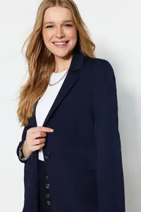 TRENDYOLMİLLA Navy Blue Regular Gray Geometric Patterned Lined Tek buttoned with pocket Weaving Blazer Jacket - Image 2