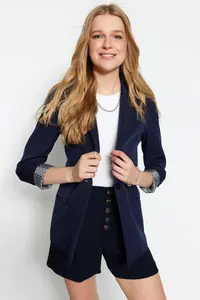 TRENDYOLMİLLA Navy Blue Regular Gray Geometric Patterned Lined Tek buttoned with pocket Weaving Blazer Jacket - Image 3