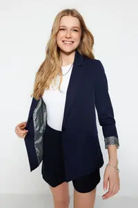 TRENDYOLMİLLA Navy Blue Regular Gray Geometric Patterned Lined Tek buttoned with pocket Weaving Blazer Jacket - Image 4