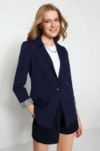 TRENDYOLMİLLA Navy Blue Regular Gray Geometric Patterned Lined Tek buttoned with pocket Weaving Blazer Jacket - Image 5