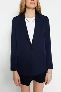TRENDYOLMİLLA Navy Blue Regular Gray Geometric Patterned Lined Tek buttoned with pocket Weaving Blazer Jacket - Image 6