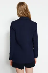 TRENDYOLMİLLA Navy Blue Regular Gray Geometric Patterned Lined Tek buttoned with pocket Weaving Blazer Jacket - Image 7